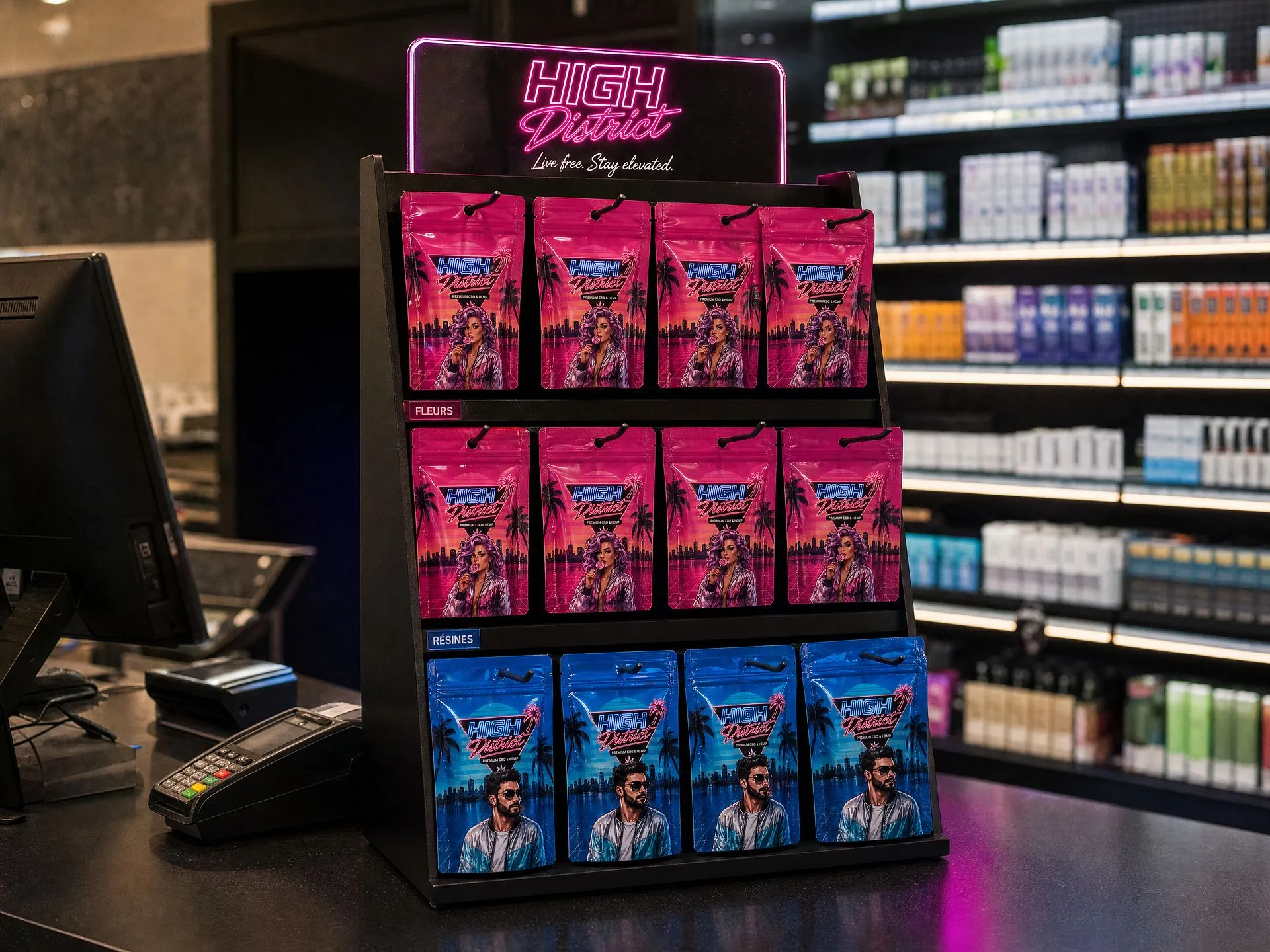 Présentoir de comptoir High District sous son enseigne néon, dans une boutique