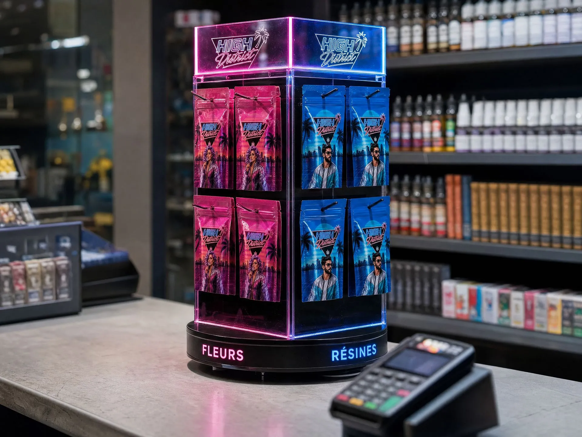 Présentoir tournant High District sur un comptoir de boutique